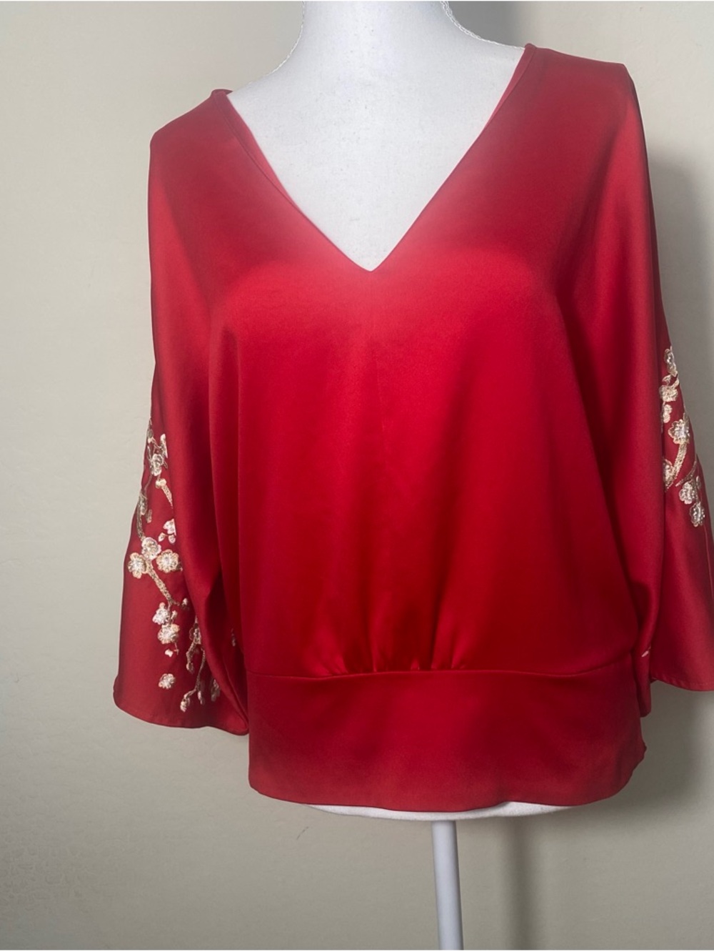 New York & Company Red Satin V-Neck Blouse with Gold Sleeve Embroidery